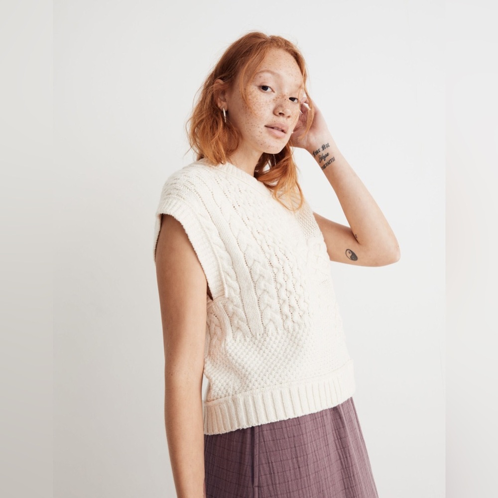 Madewell Ivory Patchwork Sleevless Cable Knit Pat… - image 4